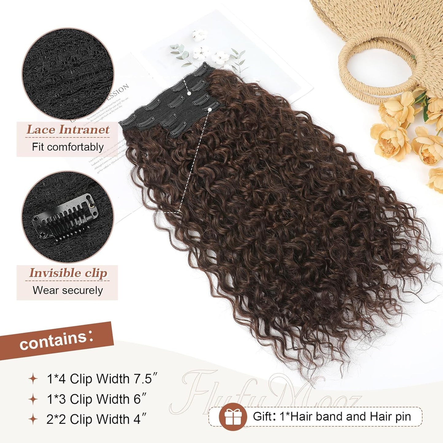 Natural Curly Hair 4-Piece Clip-In Extensions Synthetic Hair 20-inch for Instant Volume & Length