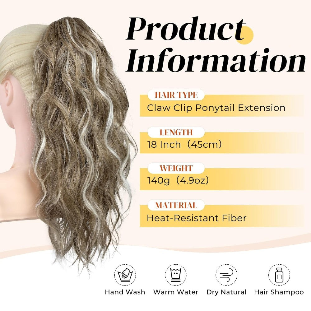Long Natural Wavy Ponytail Extension Clip for Women 20 Inch Synthetic Hairpiece Claw Clip On
