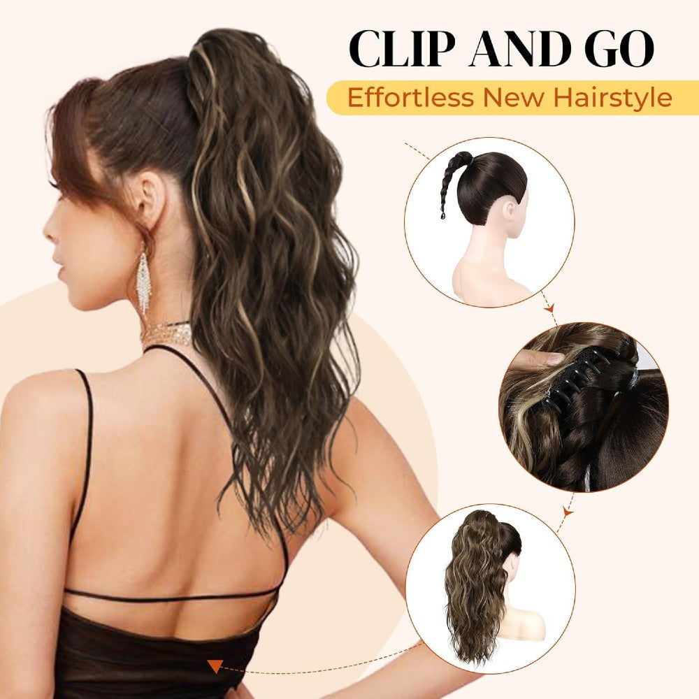 Long Natural Wavy Ponytail Extension Clip for Women 20 Inch Synthetic Hairpiece Claw Clip On