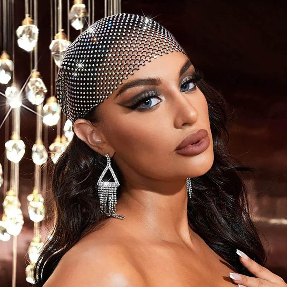 Rhinestone Mesh Head Wrap Sparkling Crystal Hair Scarf for Women Elegant Headpiece