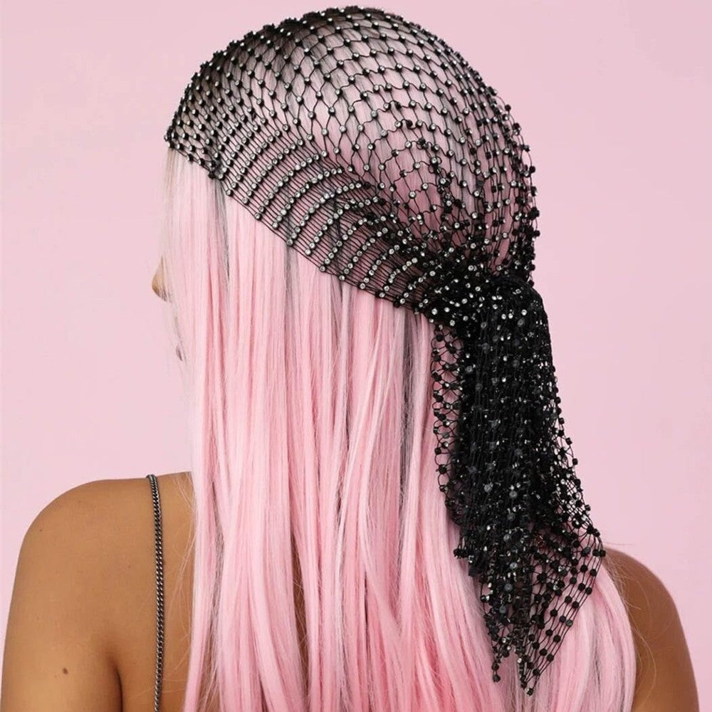 Rhinestone Mesh Head Wrap Sparkling Crystal Hair Scarf for Women Elegant Headpiece
