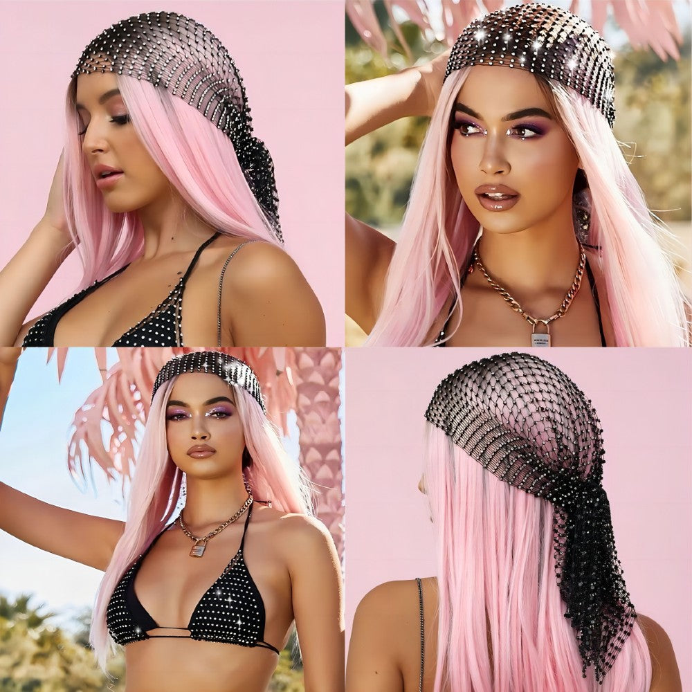 Rhinestone Mesh Head Wrap Sparkling Crystal Hair Scarf for Women Elegant Headpiece