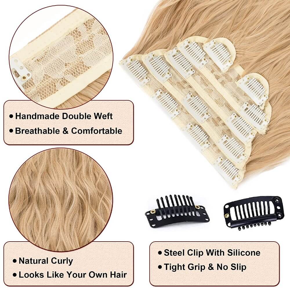 Luxurious Wavy Clip-In Synthetic Hair Extensions Heat-Friendly Instant Volume Lightweight Natural Look Easy to Attach