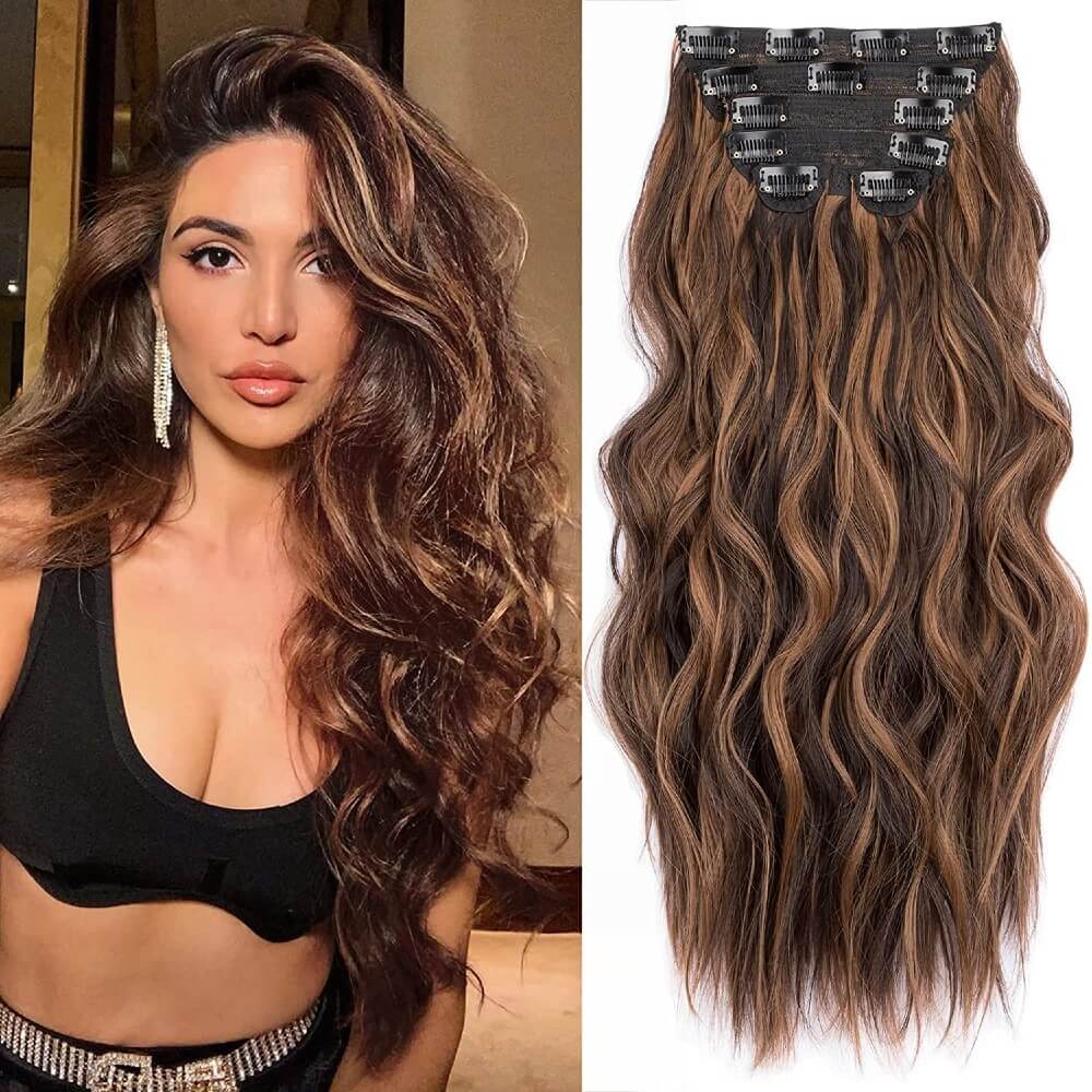 Luxurious Wavy Clip-In Synthetic Hair Extensions Heat-Friendly Instant Volume Lightweight Natural Look Easy to Attach