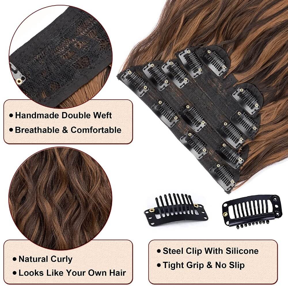Luxurious Wavy Clip-In Synthetic Hair Extensions Heat-Friendly Instant Volume Lightweight Natural Look Easy to Attach