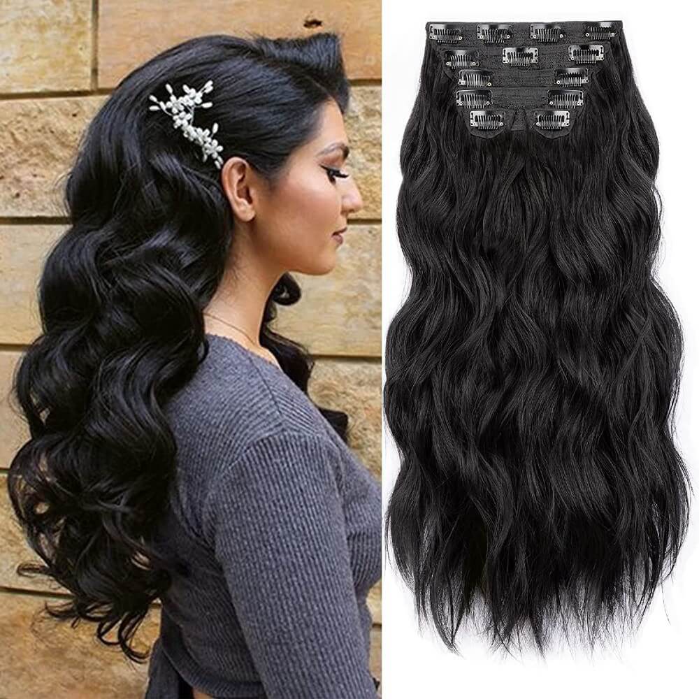 Luxurious Wavy Clip-In Synthetic Hair Extensions Heat-Friendly Instant Volume Lightweight Natural Look Easy to Attach