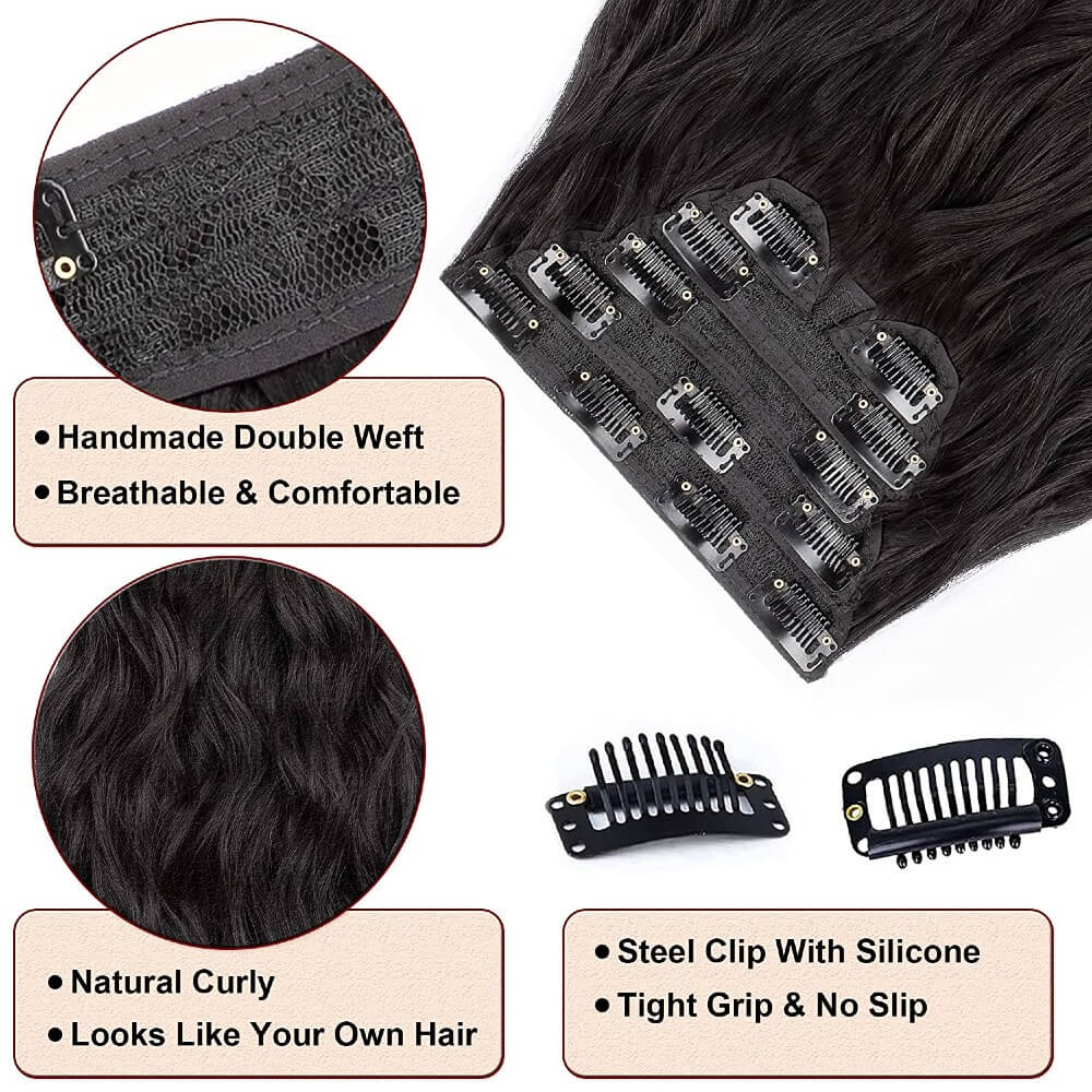 Luxurious Wavy Clip-In Synthetic Hair Extensions Heat-Friendly Instant Volume Lightweight Natural Look Easy to Attach