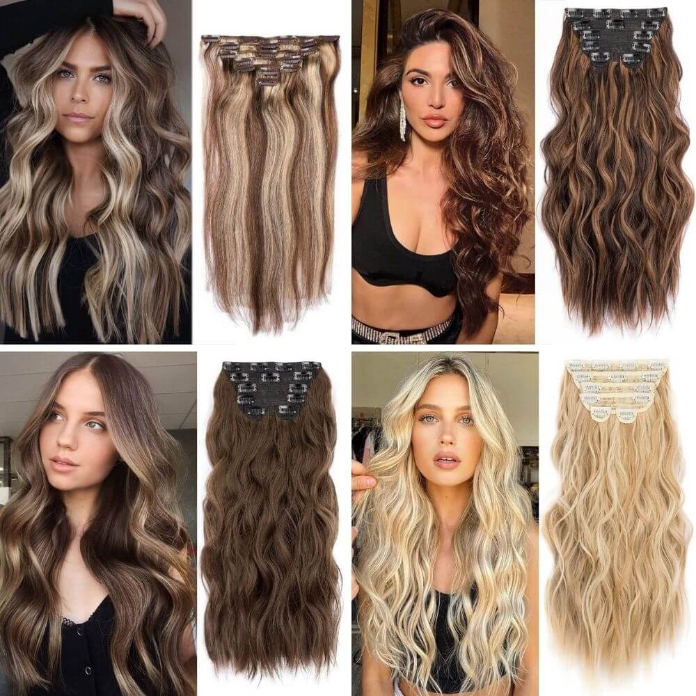 Luxurious Wavy Clip-In Synthetic Hair Extensions Heat-Friendly Instant Volume Lightweight Natural Look Easy to Attach