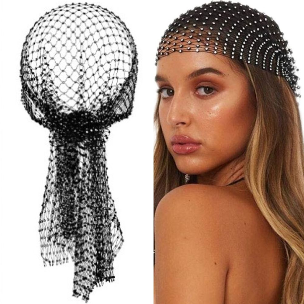 Rhinestone Mesh Head Wrap Sparkling Crystal Hair Scarf for Women Elegant Headpiece