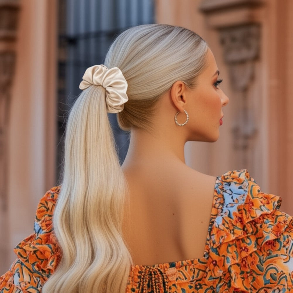 Silk Hair Scrunchie Gentle Damage-Free Elastic for Healthy Hair 100% Real Silk - Beige