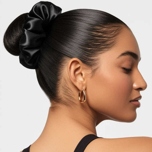 Silk Hair Scrunchie Gentle Damage-Free Elastic for Healthy Hair 100% Real Silk - Black