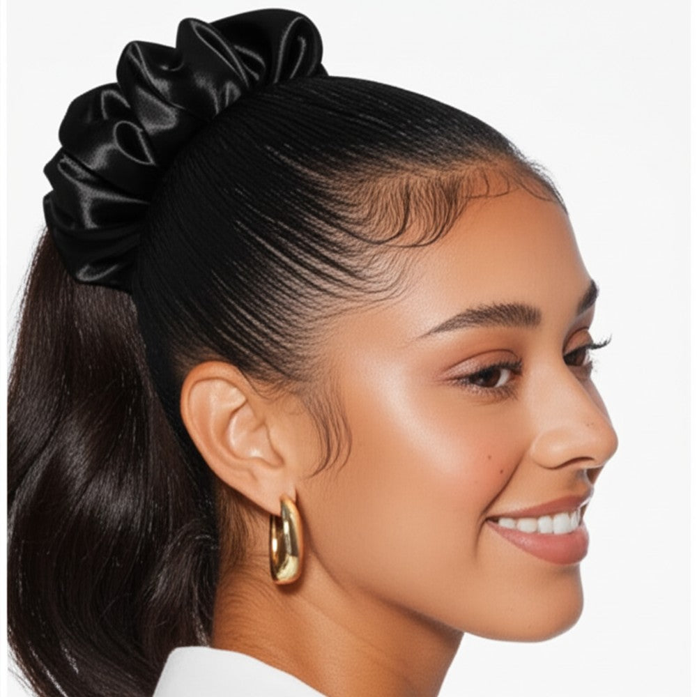 Silk Hair Scrunchie Gentle Damage-Free Elastic for Healthy Hair 100% Real Silk - Black