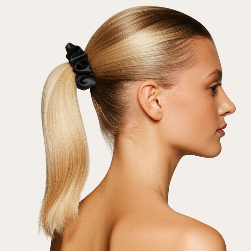 Silk Hair Scrunchie Gentle Damage-Free Elastic for Healthy Hair 100% Real Silk - Black