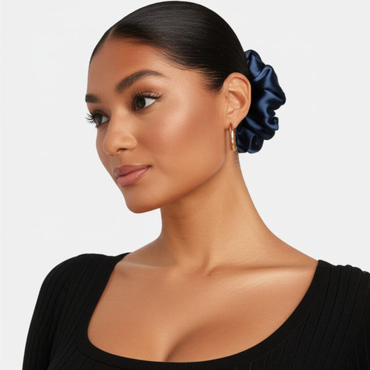 Silk Hair Scrunchie Gentle Damage-Free Elastic for Healthy Hair 100% Real Silk - Navy