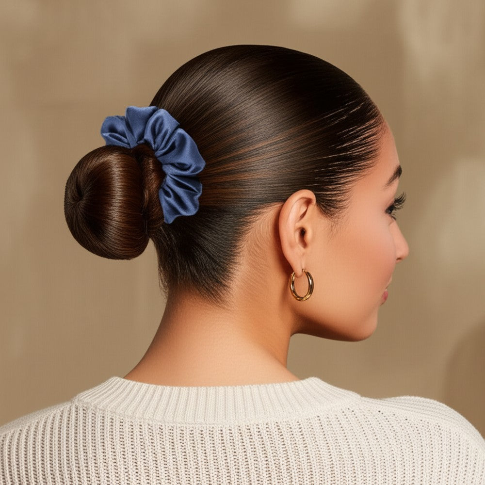 Silk Hair Scrunchie Gentle Damage-Free Elastic for Healthy Hair 100% Real Silk - Navy