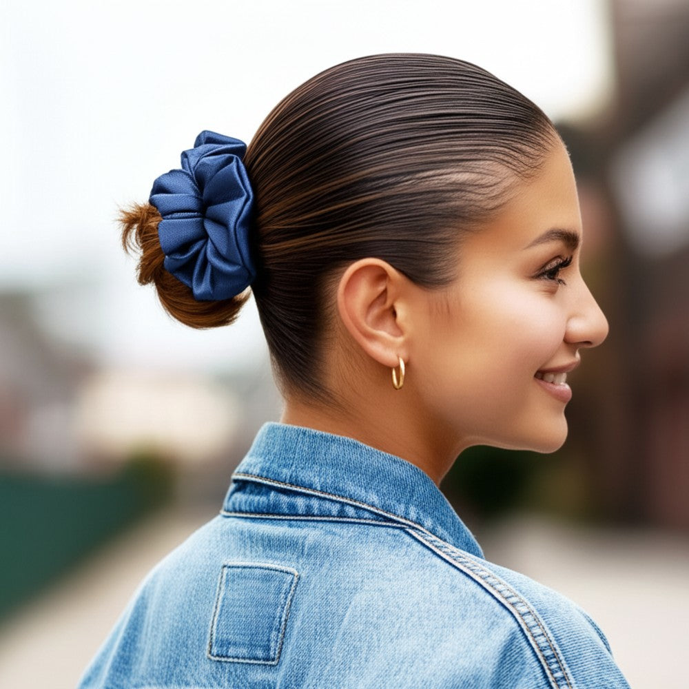 Silk Hair Scrunchie Gentle Damage-Free Elastic for Healthy Hair 100% Real Silk - Navy