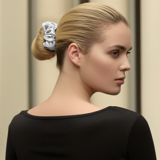 Silk Hair Scrunchie Gentle Damage-Free Elastic for Healthy Hair 100% Real Silk - Silver
