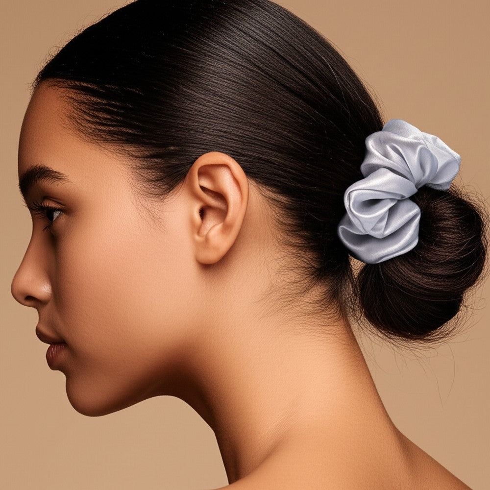 Silk Hair Scrunchie Gentle Damage-Free Elastic for Healthy Hair 100% Real Silk - Silver
