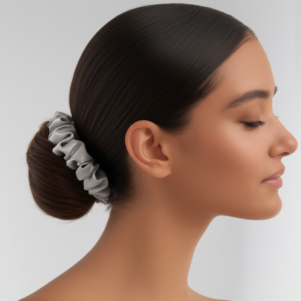 Silk Hair Scrunchie Gentle Damage-Free Elastic for Healthy Hair 100% Real Silk - Silver