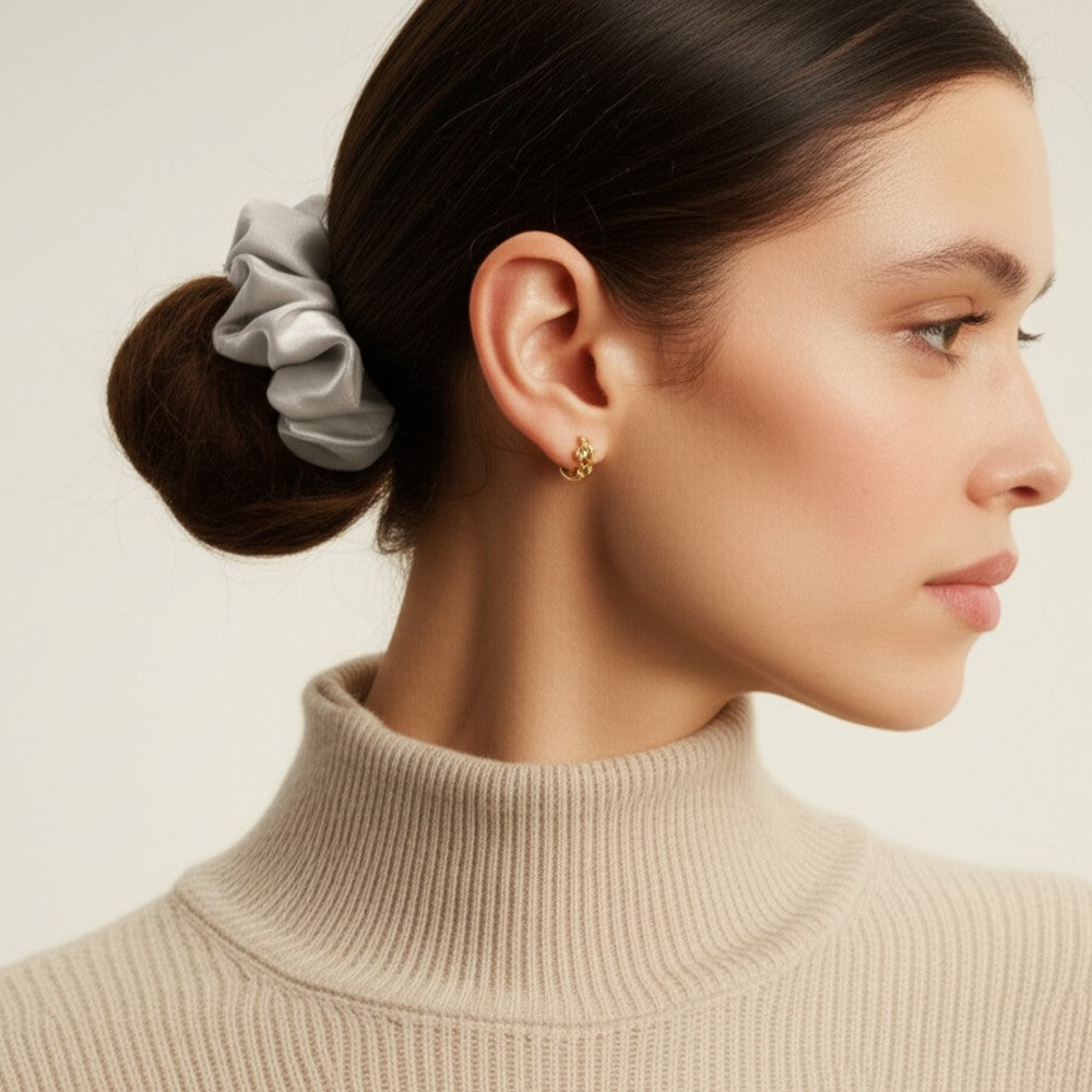 Silk Hair Scrunchie Gentle Damage-Free Elastic for Healthy Hair 100% Real Silk - Silver