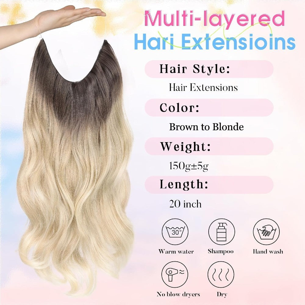 Invisible Wire/Clip-In Hair Extensions 20 inch Natural Wavy Secure Max Volume Seamless Halo Design