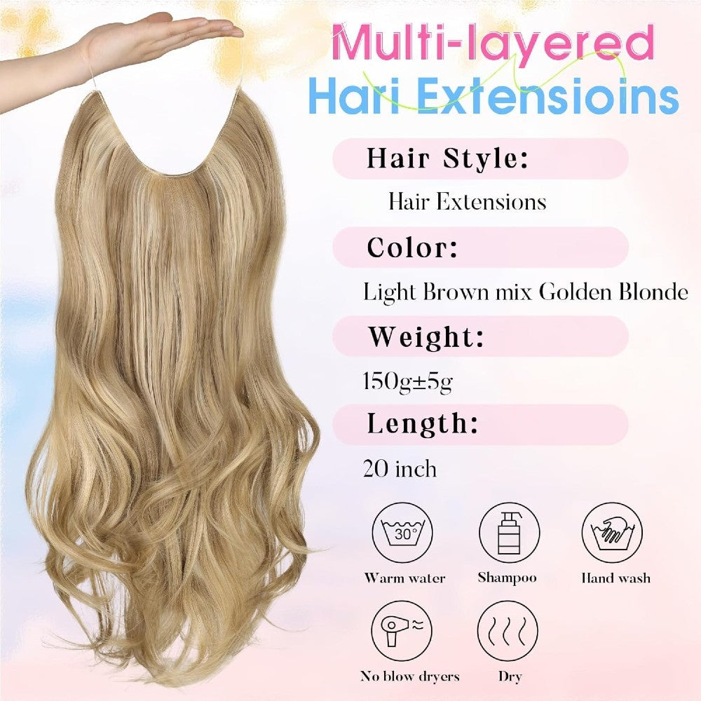 Invisible Wire/Clip-In Hair Extensions 20 inch Natural Wavy Secure Max Volume Seamless Halo Design