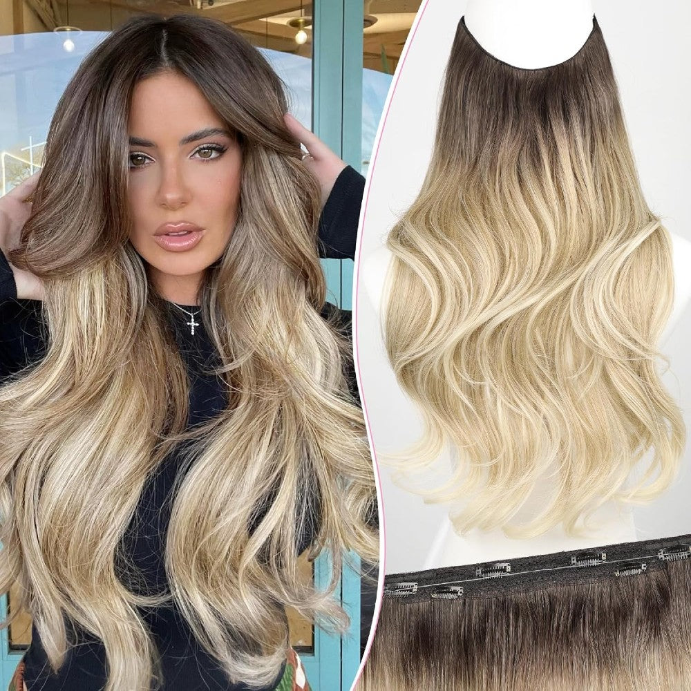 Invisible Wire/Clip-In Hair Extensions 20 inch Natural Wavy Secure Max Volume Seamless Halo Design