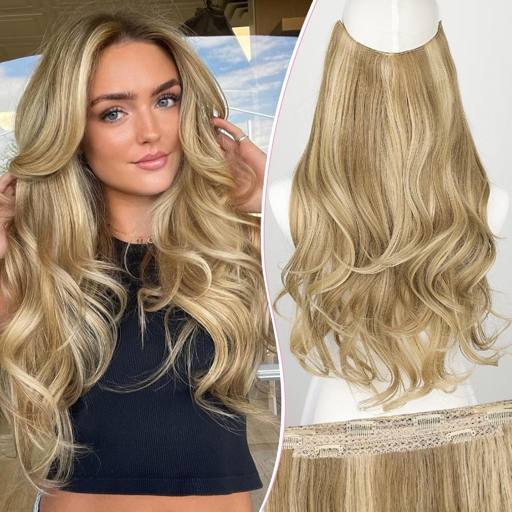 Invisible Wire/Clip-In Hair Extensions 20 inch Natural Wavy Secure Max Volume Seamless Halo Design