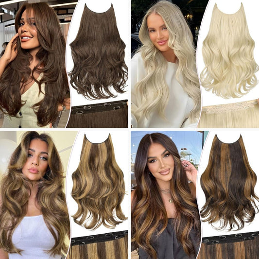 Invisible Wire/Clip-In Hair Extensions 20 inch Natural Wavy Secure Max Volume Seamless Halo Design
