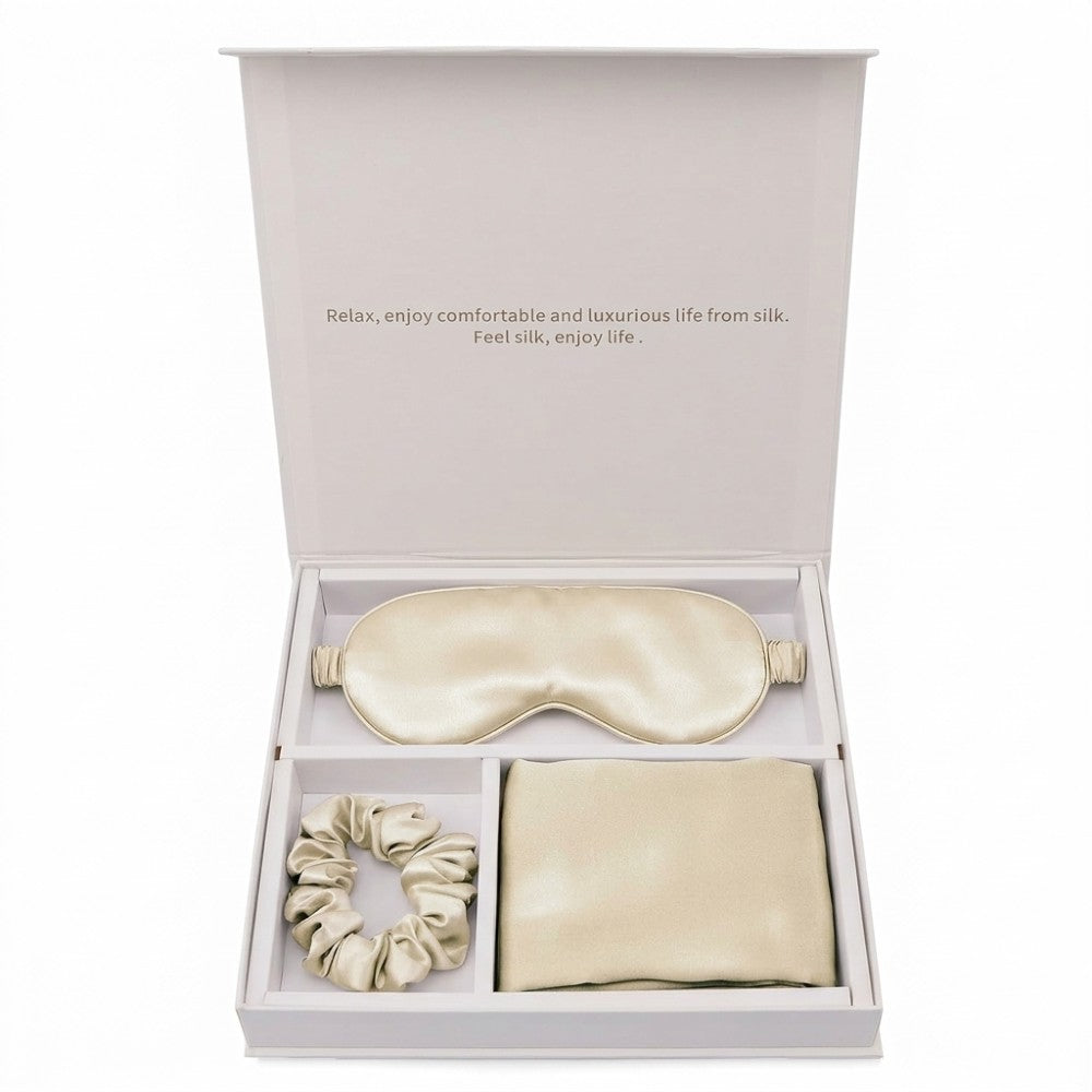 Luxury 100% Pure Mulberry Silk Sleep Set – Silk Pillowcase, Eye Mask & Hair Scrunchie Gift Set