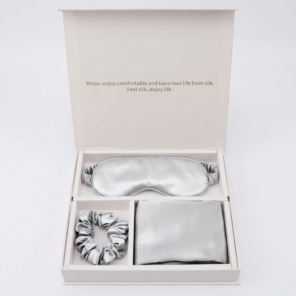 Luxury 100% Pure Mulberry Silk Sleep Set – Silk Pillowcase, Eye Mask & Hair Scrunchie Gift Set